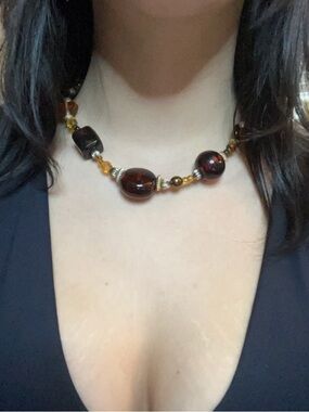 Brown Amber Bead Necklace with Gold Accents - Women's Jewelry